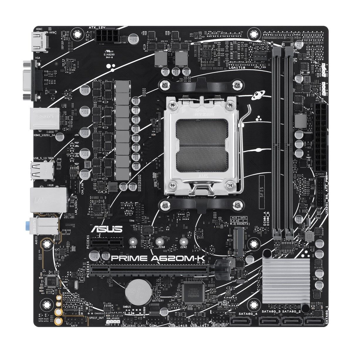 ASUS MB PRIME A620M-K AMD A620 AM5 DDR5 6400 HDMI VGA M2 USB3.2 AURA RGB mATX 96GB kadar ram desteği ASUS 5X PROTECTION III