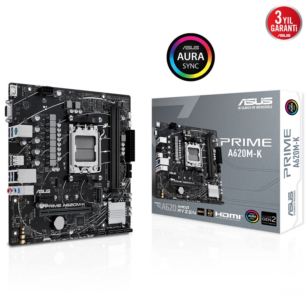 ASUS MB PRIME A620M-K AMD A620 AM5 DDR5 6400 HDMI VGA M2 USB3.2 AURA RGB mATX 96GB kadar ram desteği ASUS 5X PROTECTION III