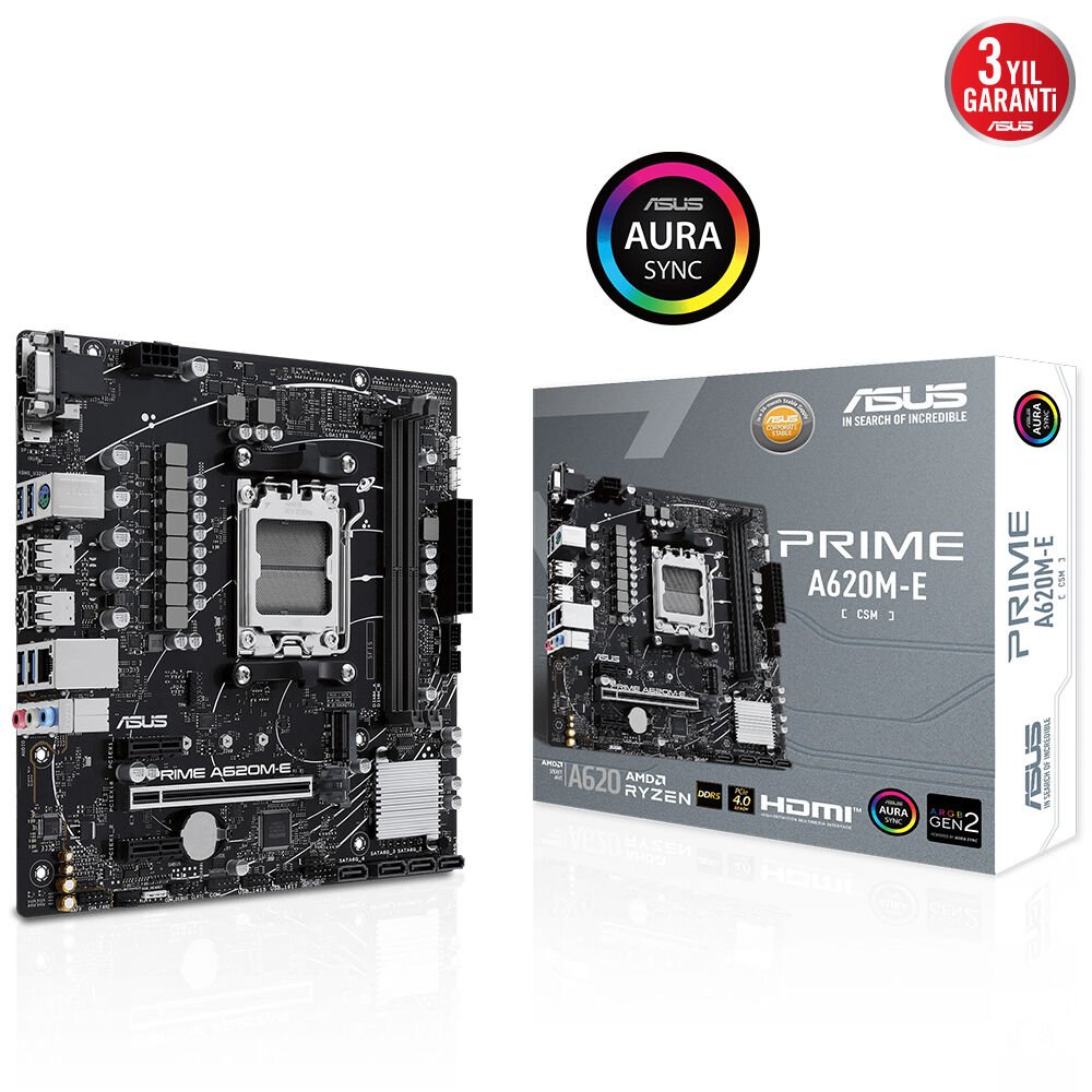 ASUS MB PRIME A620M-E-CSM AMD A620 AM5 DDR5 6400 DP HDMI VGA M2 USB3.2 AURA RGB mATX Ücretsiz Uzaktan Yönetim Yazılımı ASUS 5X PROTECTION III