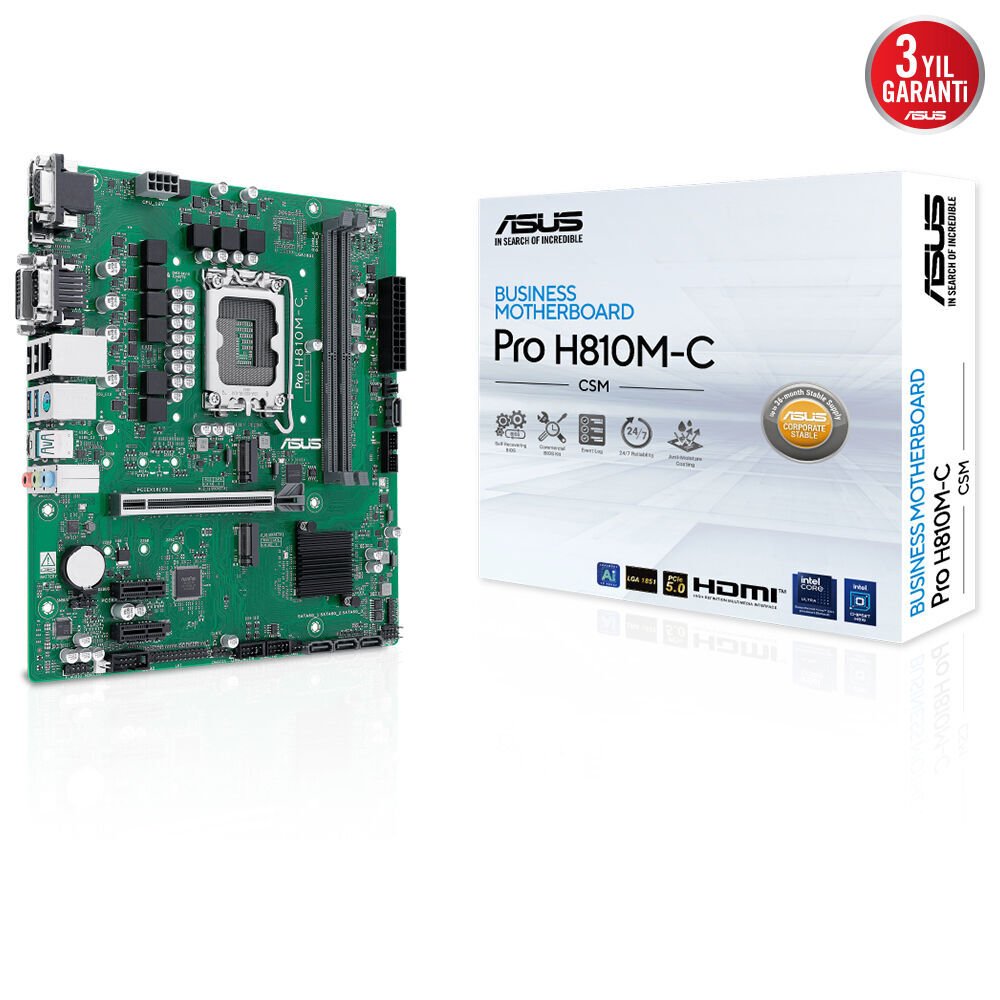ASUS MB PRO H810M-C-CSM Intel H810 LGA1851 DDR5 6400 DP HDMI VGA DVI Çift M2 USB3.2 COM mATX 6+1+1+1 Güç Aşamaları, Uzaktan Yönetim Yazılımı, Ready for Advanced AI PC
