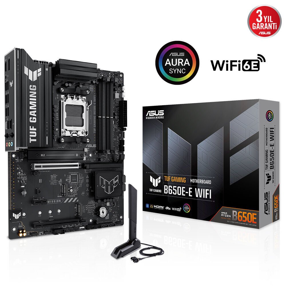 ASUS TUF GAMING B650E-E WIFI AMD B650 AM5 DDR5 8000 DP HDMI 3x M2 USB3.2 WiFi 6E + BT AURA RGB 2.5Gbit LAN ATX 8+2+1 Güç Aşamaları, 1xGen5 M.2