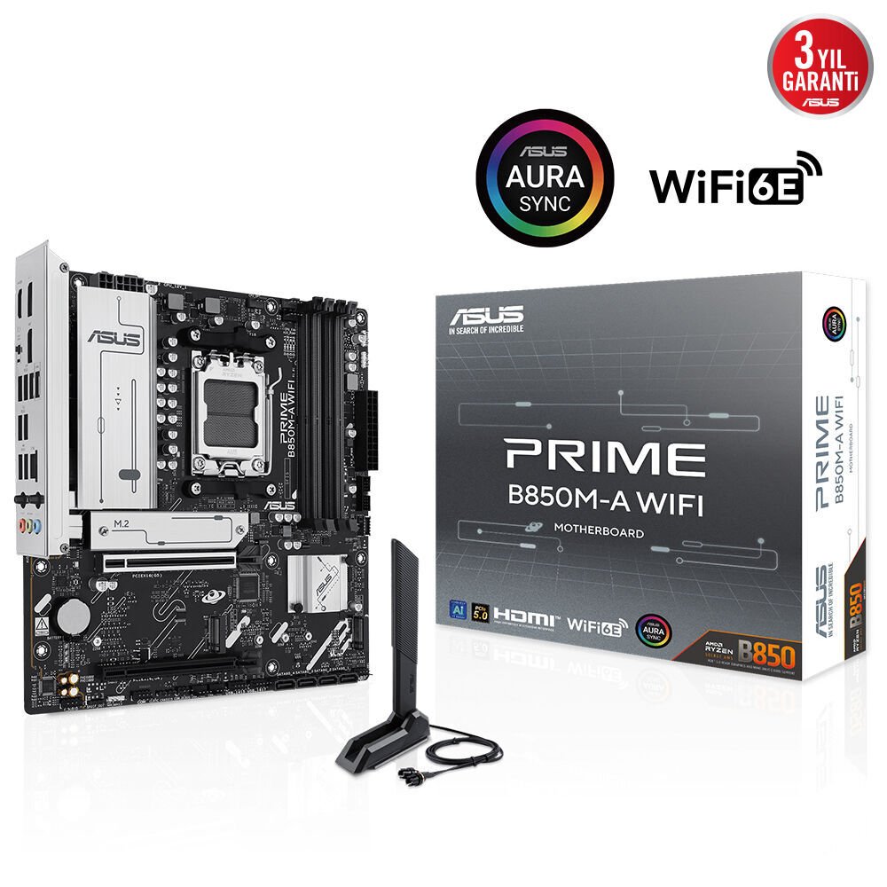 ASUS MB PRIME B850M-A WIFI AMD B850 AM5 DDR5 8000 2xDP HDMI 3x M2 USB3.2 WiFi 6E + BT AURA RGB 2.5Gbit LAN mATX 256GB’a kadar ram desteği, ASUS MB 5X PROTECTION III, 1xGen5 M.2