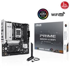 ASUS MB PRIME B850M-A WIFI AMD B850 AM5 DDR5 8000 2xDP HDMI 3x M2 USB3.2 WiFi 6E + BT AURA RGB 2.5Gbit LAN mATX 256GB’a kadar ram desteği, ASUS MB 5X PROTECTION III, 1xGen5 M.2