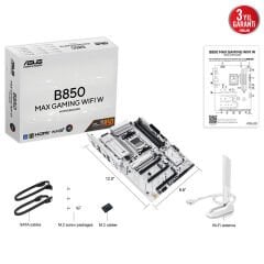 ASUS B850 MAX GAMING WIFI W AMD B850 AM5 DDR5 8000 DP HDMI 3x M2 USB3.2 WiFi 6E + BT AURA RGB 2.5Gbit LAN ATX 256GB’a kadar ram desteği, 8+2+1 Güç Aşamaları, 1xGen5 M.2, Advanced AI PC-Ready
