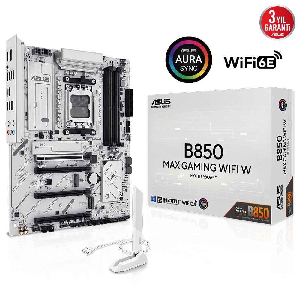 ASUS B850 MAX GAMING WIFI W AMD B850 AM5 DDR5 8000 DP HDMI 3x M2 USB3.2 WiFi 6E + BT AURA RGB 2.5Gbit LAN ATX 256GB’a kadar ram desteği, 8+2+1 Güç Aşamaları, 1xGen5 M.2, Advanced AI PC-Ready