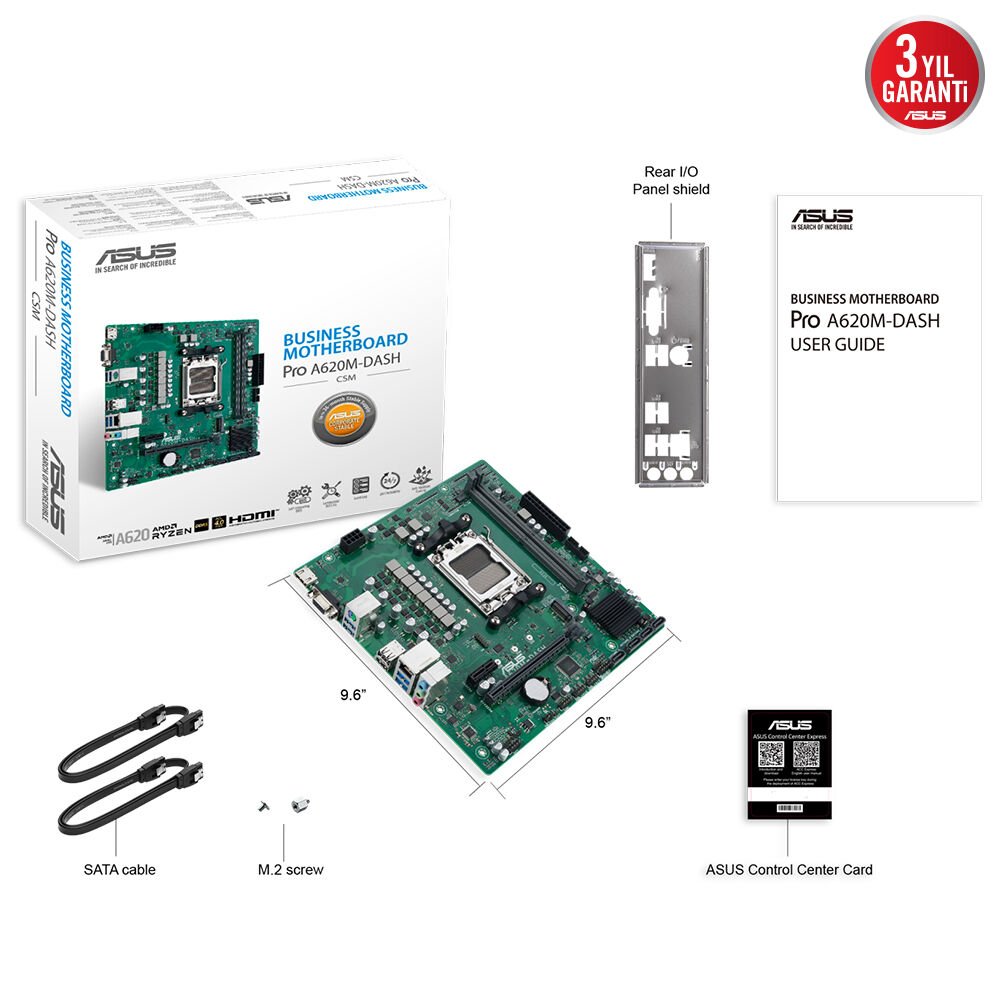 ASUS PRO A620M-DASH-CSM AMD A620 AM5 DDR5 6400 HDMI VGA M2 USB3.2 mATX DASH destekli network bağlantısı ASUS 5X PROTECTION III