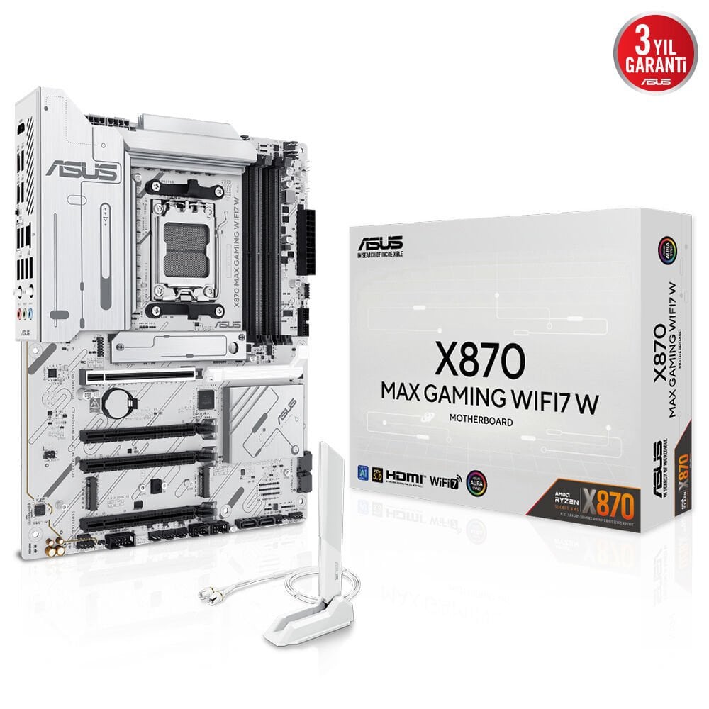 ASUS X870 MAX GAMING WIFI7 W AMD X870 AM5 DDR5 8000 HDMI 2xUSB4 3x M2 USB3.2 WiFi 7 + BT AURA RGB 5Gbit LAN ATX 12+2+1 Güç Aşamaları, Çift USB4, 3xM.2 slot, Advanced AI PC-Ready, Beyaz Tasarım