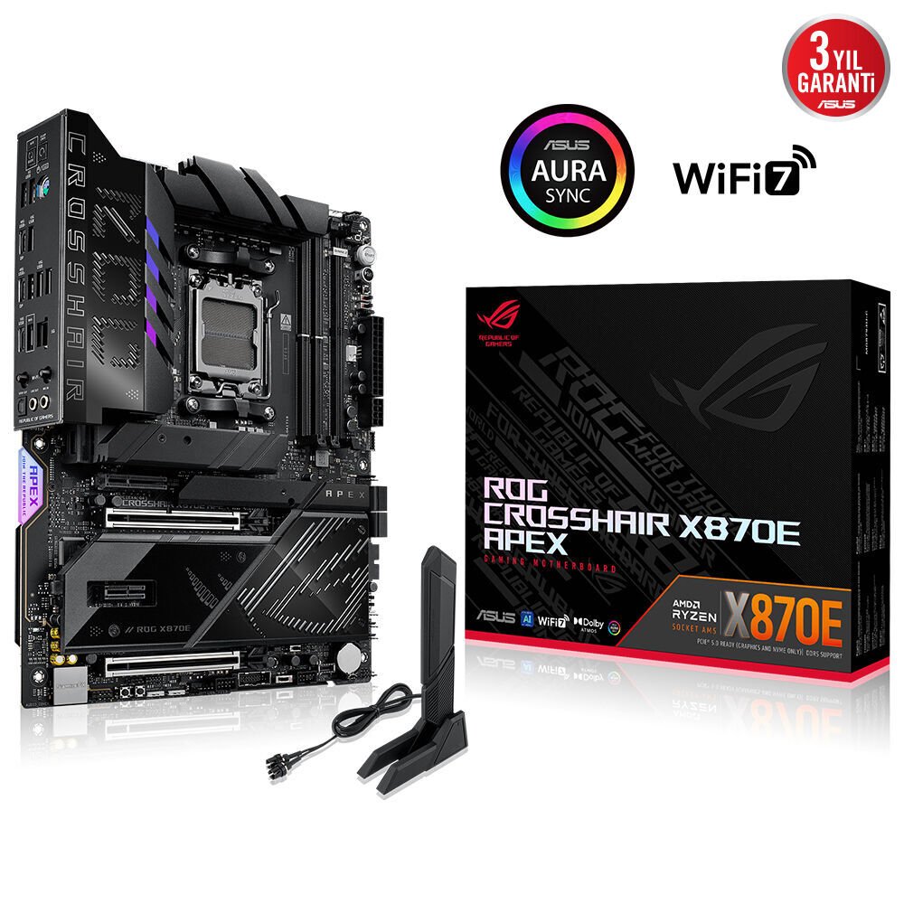 ASUS MB ROG CROSSHAIR X870E APEX AMD X870 AM5 DDR5 9600 2xUSB4 5x M2 USB3.2 WiFi 7 + BT AURA RGB 5Gbit LAN ATX 18+2+2 Güç Aşamaları, Çift USB4, 4xM.2 slot, ROG Memory Fan Kit