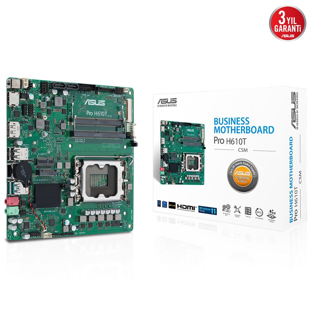 ASUS PRO H610T-CSM Intel H610 LGA1700 DDR5 5600 DP HDMI LVDS M2 USB3.2 Thin Mini ITX 7/24 kullanıma uygun - ASUS CONTROL CENTER EXPRESS HEDİYELİ