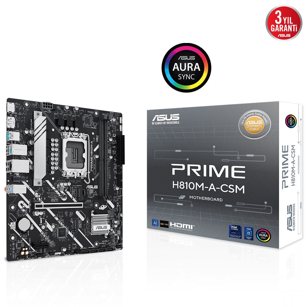 ASUS PRIME H810M A CSM Intel H810 LGA1851 DDR5 6400 DP HDMI Çift M2 USB3 2 AURA RGB mATX 6+1+1+1 Güç Aşamaları Uzaktan Yönetim Yazılımı Ready for Advanced AI PC