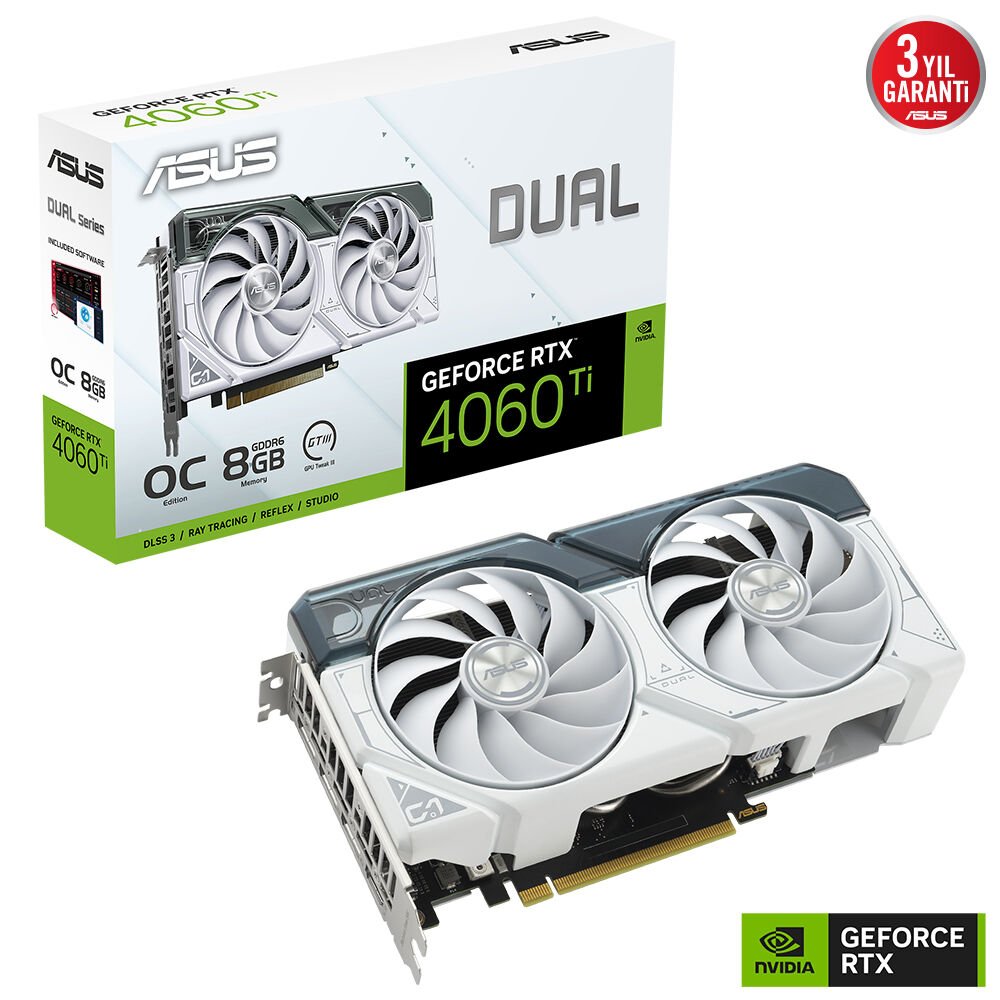 ASUS VGA DUAL-RTX4060TI-O8G-WHITE-NVIDIA-GEFORCE-RTX 4060 TI-8G-8GB GDDR6-128bit-2595MHz-OC-HDMI-3xDP-DLSS3 EKRAN KARTI