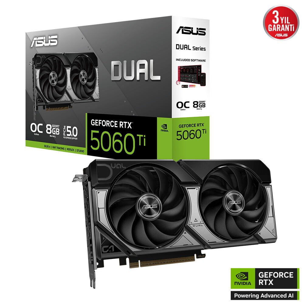 ASUS VGA DUAL-RTX5060TI-O8G-NVIDIA-GEFORCE-RTX 5060 TI-8G-8GB GDDR7-128bit--OC-HDMI-3xDP-DLSS4 EKRAN KARTI