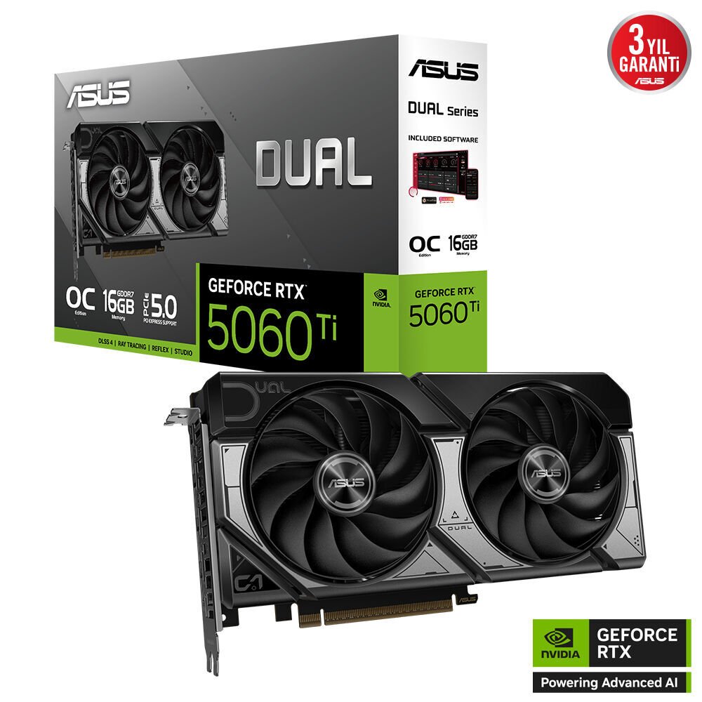 ASUS VGA DUAL-RTX5060TI-O16G-NVIDIA-GEFORCE-RTX 5060 TI-16G-16GB GDDR7-128bit--OC-HDMI-3xDP-DLSS4 EKRAN KARTI