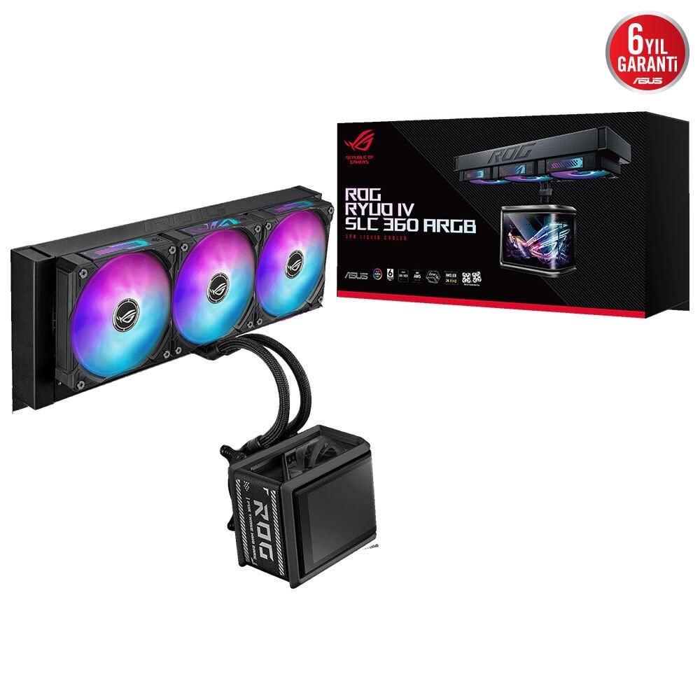 ASUS ROG RYUO IV SLC 360 ARGB, HAREKETLİ KAVİSLİ 6.7 İNÇ AMOLED EKRANI GÖZLE GÖRÜLEBİLİR VİDEO VEYA ÖZELLEŞTİRİLMİŞ SİSTEM BİLGİLERİNİ DESTEKLER VE ÖNCEDEN MONTE EDİLMİŞ ZİNCİRLEME BAĞLANABİLEN ARGB 6 YIL GARANTİ.