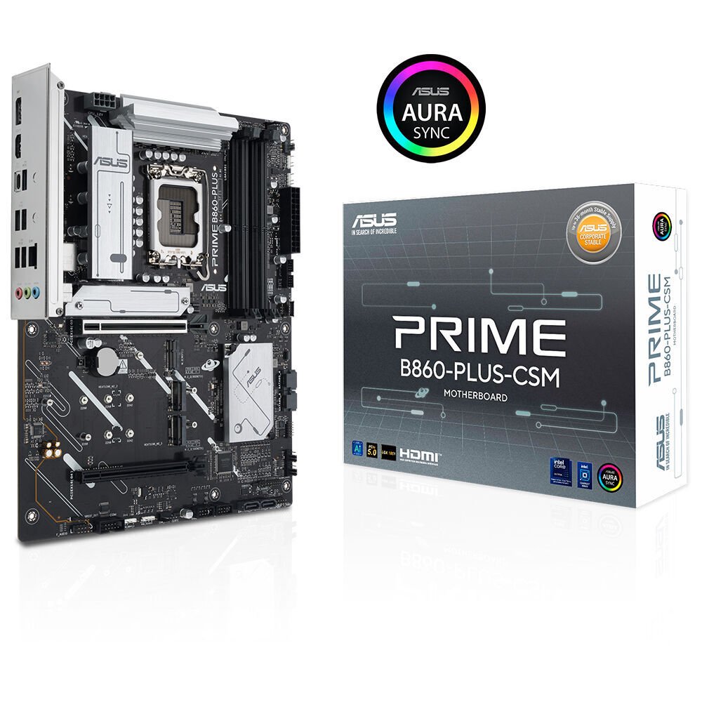 ASUS PRIME B860 PLUS CSM Intel B860 LGA1851 DDR5 8200 DP HDMI 3x M2 USB3 2 Gen 2x2 AURA RGB 2 5Gbit LAN ATX 8+1+1 Güç Aşamaları 1xGen5 M2 Ready for Advanced AI PC Uzaktan Yönetim Yazılımı