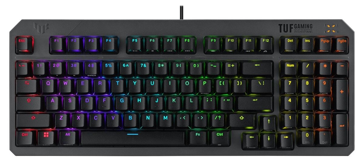 ASUS TUF GAMING K3 GEN II RED SWITCH, KOMPAKT 97 TUŞ DİZİLİMİ, OPTİK-MEKANİK RGB ANAHTARLAR, SES AZALTICI KÖPÜK, IP57 SU GEÇİRMEZLİK, ÇIKARILABİLİR ÜST PLAKA VE AURA SYNC