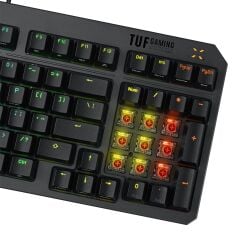 ASUS TUF GAMING K3 GEN II RED SWITCH, KOMPAKT 97 TUŞ DİZİLİMİ, OPTİK-MEKANİK RGB ANAHTARLAR, SES AZALTICI KÖPÜK, IP57 SU GEÇİRMEZLİK, ÇIKARILABİLİR ÜST PLAKA VE AURA SYNC
