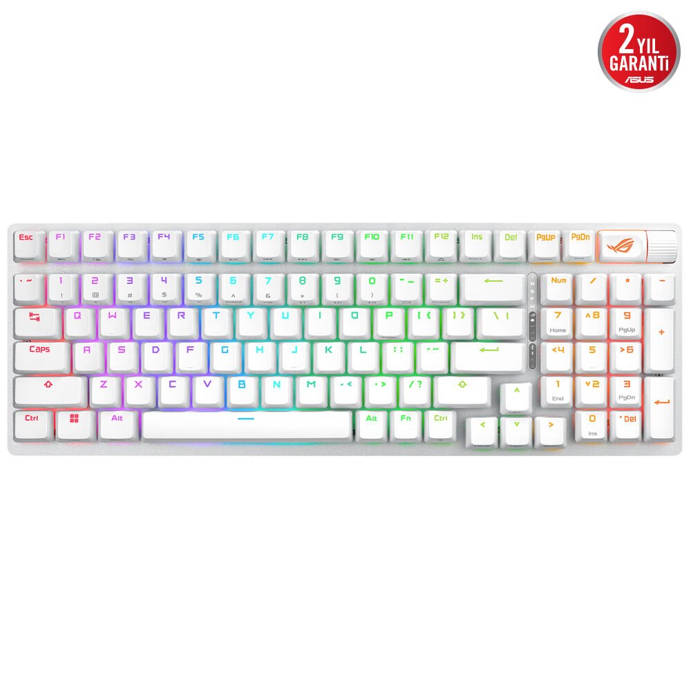 ASUS ROG STRIX SCOPE II 96 WL/NX SNOW/PBT/UK/BEYAZ WIRELESS OYUNCU KLAVYESİ 3 FARKLI BAĞLANTI (2.4GHz RF, BLUETOOTH, KABLOLU) ROG NX SNOW MEKANİK SWITCH AURA SYNC RGB VE BİLEK DESTEĞİ İNGİLİZCE BEYAZ