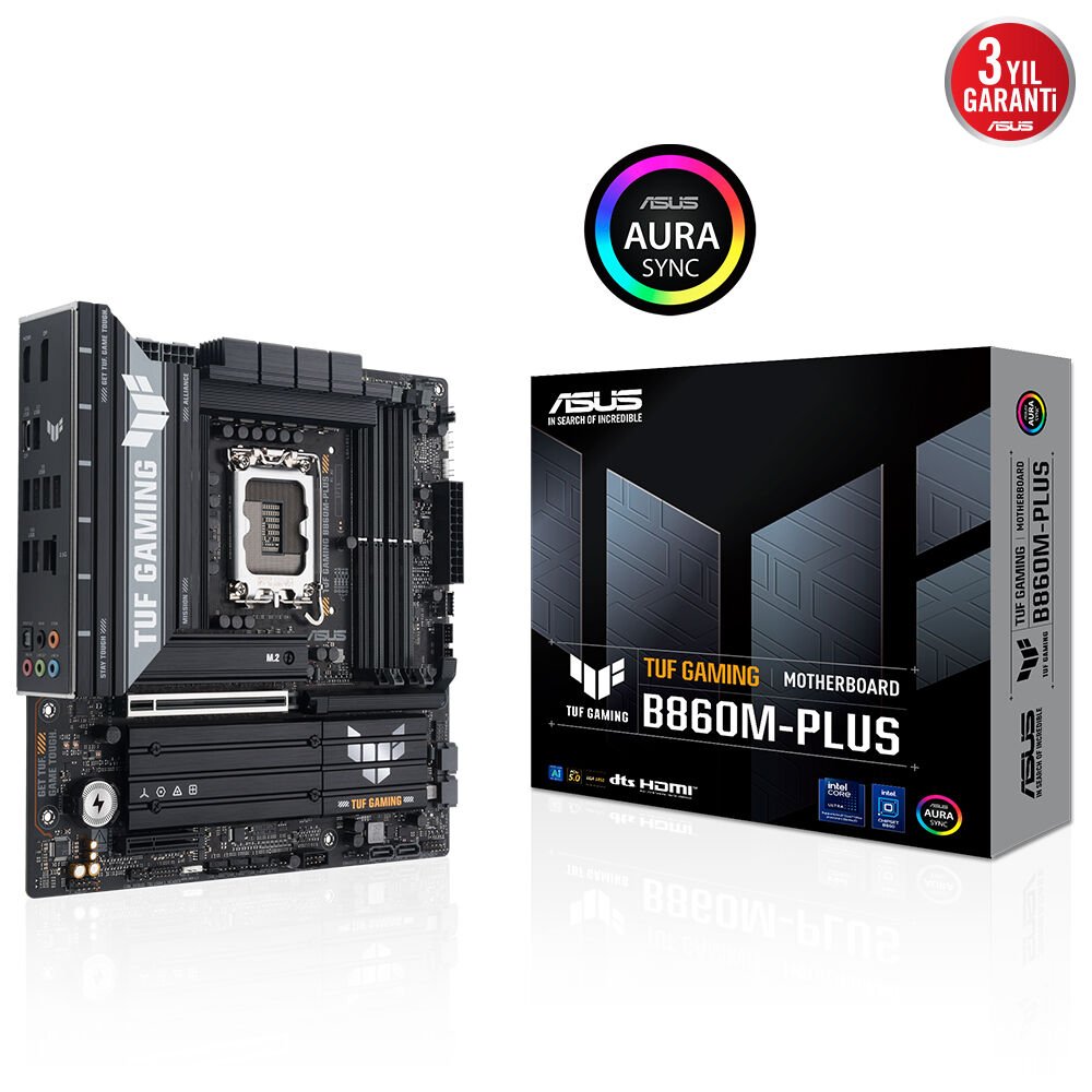 ASUS TUF GAMING B860M PLUS Intel B860 LGA1851 DDR5 8800 DP HDMI TypeC 3x M2 USB3 2 Gen 2x2 AURA RGB 2 5Gbit LAN mATX 12+1+2+1 Güç Aşamaları 1xGen5 M2 Ready for Advanced AI PC