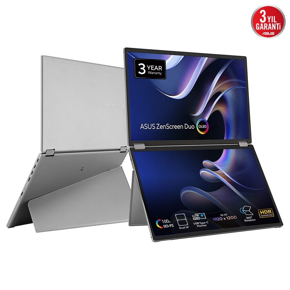 ASUS ZenScreen MQ149CD 14 Duo OLED 1920x1200 1ms 60Hz 400cd MİNİ HDMI USB 3YIL HDR 400 100% DCI-P3 ÇİFT EKRAN KATLANABİLİR TAŞINABİLİR MONİTÖR
