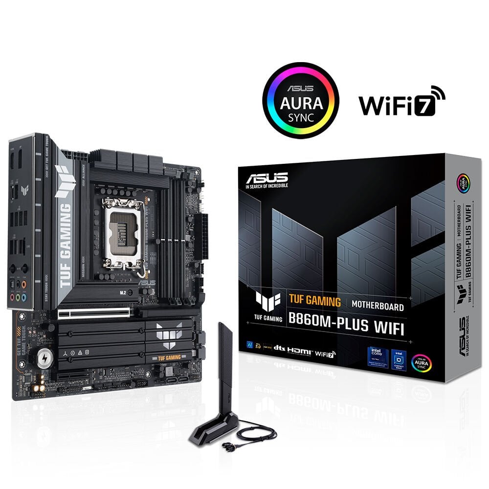 ASUS TUF GAMING B860M PLUS WIFI Intel B860 LGA1851 DDR5 8800 DP HDMI Type-C 3x M2 USB3 2 Gen 2x2 WiFi 7 + BT AURA RGB 2 5Gbit LAN mATX 12+1+2+1 Güç Aşamaları 1xGen5 M2 Ready for Advanced AI PC