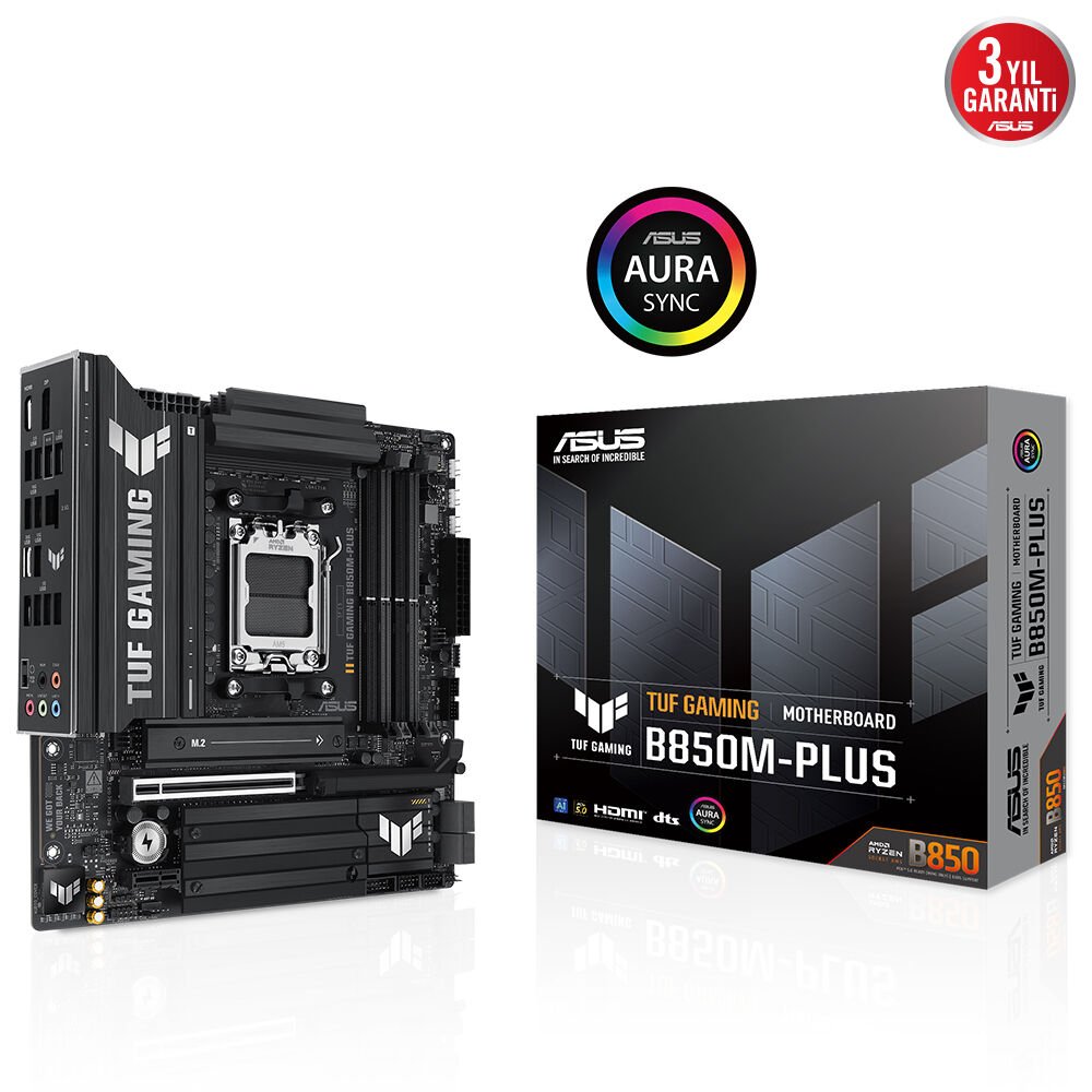 ASUS TUF GAMING B850M PLUS AMD B850 AM5 DDR5 8000 DP HDMI 3x M2 USB3 2 Gen 2x2 AURA RGB 2 5Gbit LAN mATX 14+2+1 Güç Aşamaları 1xGen5 M2 Ready for Advanced AI PC