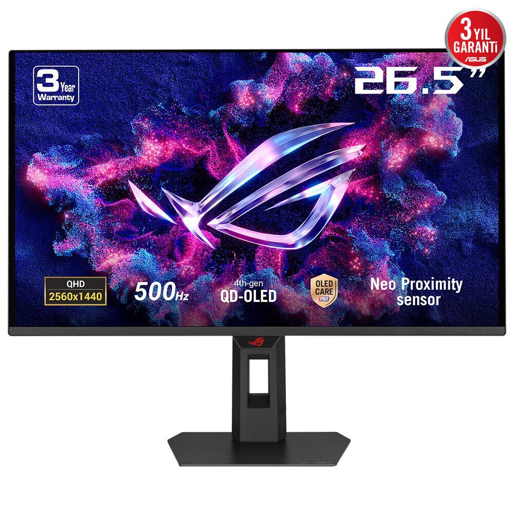 ASUS ROG STRIX XG27AQDPG 26.5 QD-OLED HDR500 2560x1440 0.03ms 500Hz 300cd DP HDMI USB VESA 3YIL %99 DCI-P3, 10BİT, PİVOT, IŞIK MONİTÖR