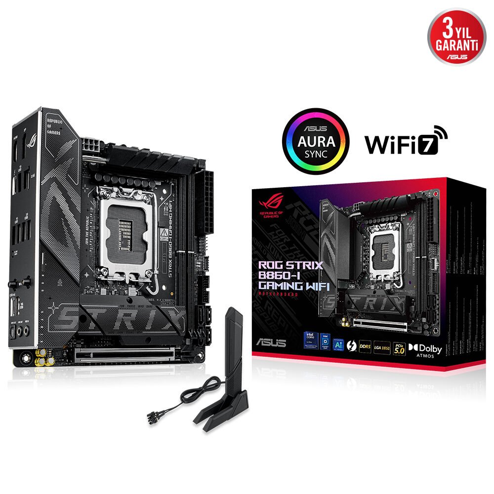 ASUS ROG STRIX B860I GAMING WIFI Intel B860 LGA1851 DDR5 8800 DP HDMI USB4 Çift M2 USB3.2 Gen 2x2 WiFi 7 + BT AURA RGB 2 5Gbit LAN Mini ITX 10+1+2+1 Güç Aşamaları 1xGen5 M2 ASUS AI Advisor Thunderbolt 4