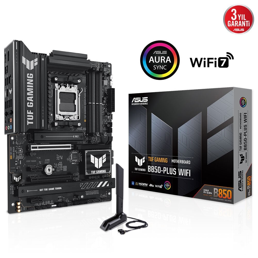 ASUS TUF GAMING B850-PLUS WIFI AMD B850 AM5 DDR5 6400 DP HDMI 3X M2 USB3.2 AX WİFİ BT AURA RGB 2.5GBİT LAN ATX 128GB A KADAR RAM DESTEĞİ ASUS TUF PROTECTION ARMOURY CRATE