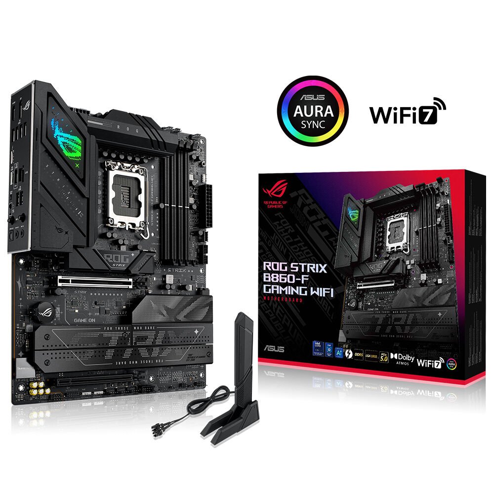 ASUS ROG STRIX B860-F GAMING WIFI INTEL B860 LGA1851 DDR5 9066 DP HDMI 4x M2 USB3.2 Gen 2x2 WiFi 7 + BT AURA RGB 2.5Gbit LAN ATX 16+1+2+1 Güç Aşamaları 1xGen5 M.2 ASUS AI Advisor Thunderbolt 4