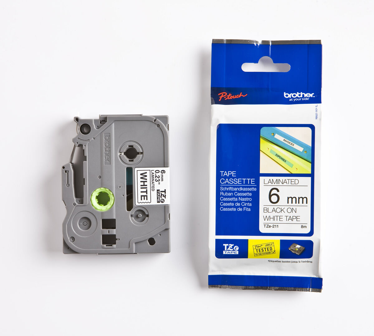 BROTHER P-TOUCH TZE-211 TZE-TAPE 6MM BEYAZ ÜZERİNE SİYAH LAMİNASYONLU ETİKET
