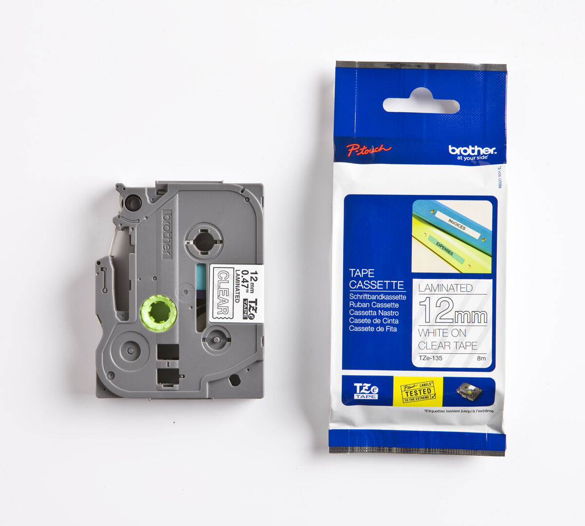 BROTHER P-TOUCH TZE-135 TZE-TAPE 12MM ŞEFFAF ÜZERİNE BEYAZ LAMİNASYONLU ETİKET
