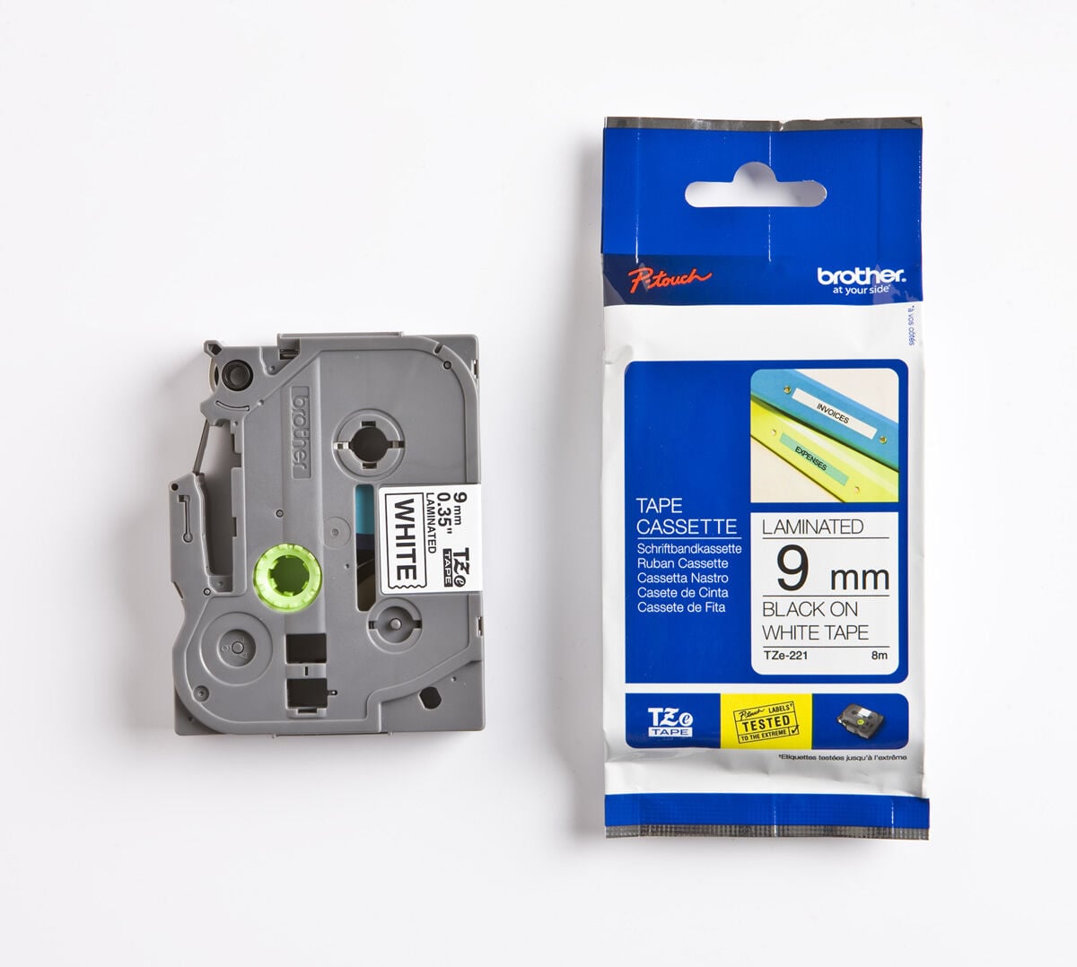BROTHER P-TOUCH TZE-221 TZE-TAPE 9MM BEYAZ ÜZERİNE SİYAH LAMİNASYONLU ETİKET
