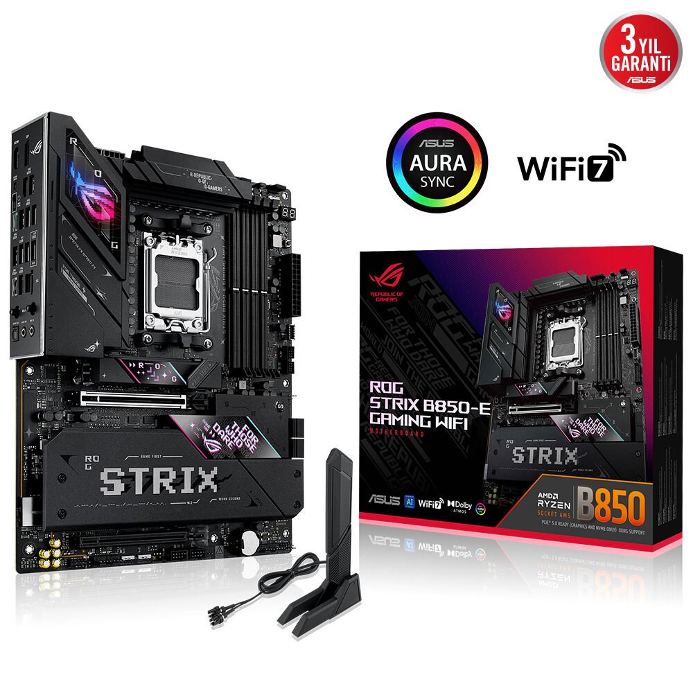 ASUS ROG STRIX B850-E GAMING WIFI AMD B850 AM5 DDR5 6400 DP HDMI 3X M2 USB3.2 WİFİ 6E BT AURA RGB 2.5GBİT LAN ATX ARMOURY CRATE AI SUİTE 3 PCIE SLOT Q RELEASE