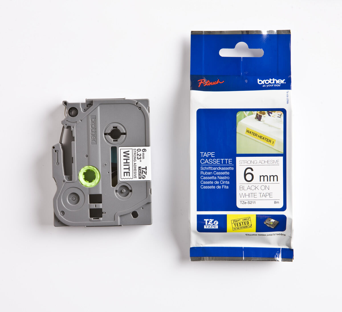 BROTHER P-TOUCH TZE-S211 TZE-TAPE 6MM BEYAZ ÜZERİNE SİYAH GÜÇLÜ YAPIŞKANLI LAMİNASYONLU ETİKET
