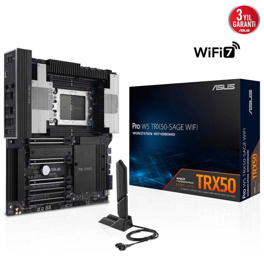 ASUS PRO WS TRX50-SAGE WIFI AMD TRX50 sTR5 DDR5 8000 3x M2 USB3.2 WiFi 7 + BT 10Gbit + 2.5Gbit LAN CEB 1TB’a KADAR RAM DESTEĞİ 1x SlimSAS Portu Asus Control Center Express Hediyeli