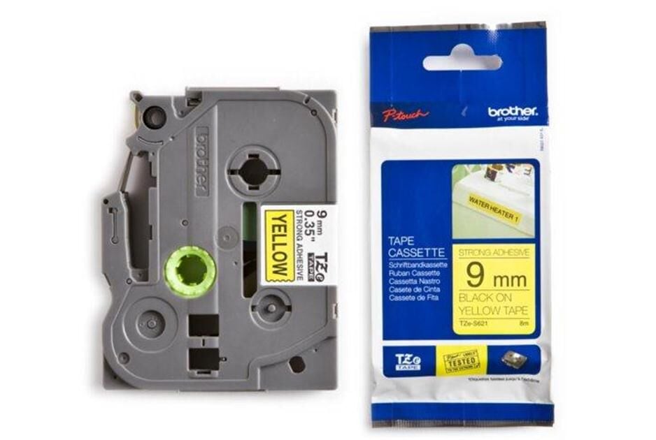 BROTHER P-TOUCH TZE-S621 TZE-TAPE 9MM SARI ÜZERİNE SİYAH GÜÇLÜ YAPIŞKAN LAMİNASYONLU ETİKET
