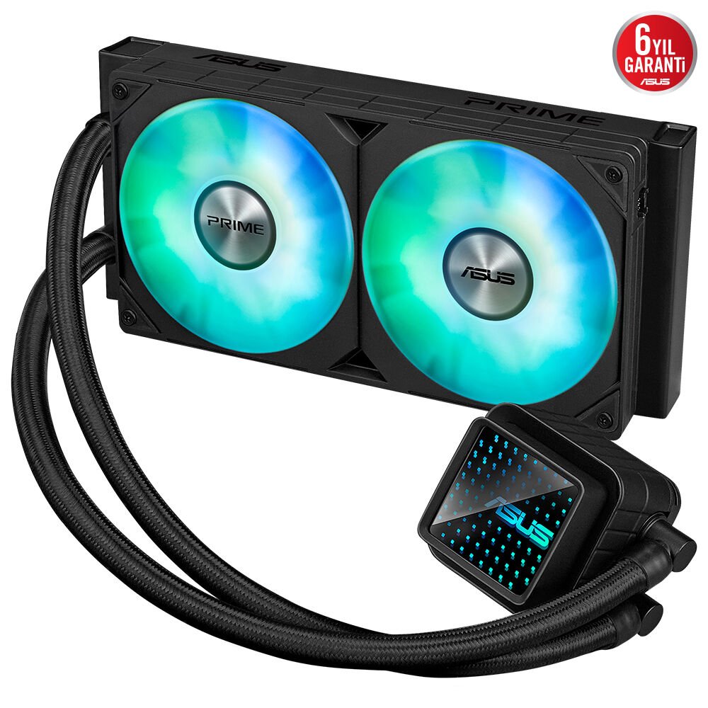 ASUS PRIME LC 240 ARGB SIVI SOĞUTUCU ÖZEL TASARLANMIŞ CPU TEMAS ALANI VE KANATÇIKLI KANALLARA SAHİP SONSUZ AYNA LENS SEÇENEKLERİ OLAN SU BLOĞU, ARGB FANLAR VE AURA AYDINLATMA 6 YIL GARANTİ