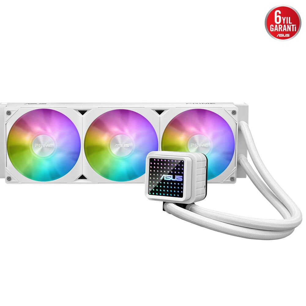 ASUS PRIME LC 360 ARGB SIVI SOĞUTUCU ÖZEL TASARLANMIŞ CPU TEMAS ALANI VE KANATÇIKLI KANALLARA SAHİP SONSUZ AYNA LENS SEÇENEKLERİ OLAN SU BLOĞU, ARGB FANLAR VE AURA AYDINLATMA BEYAZ 6 YIL GARANTİ