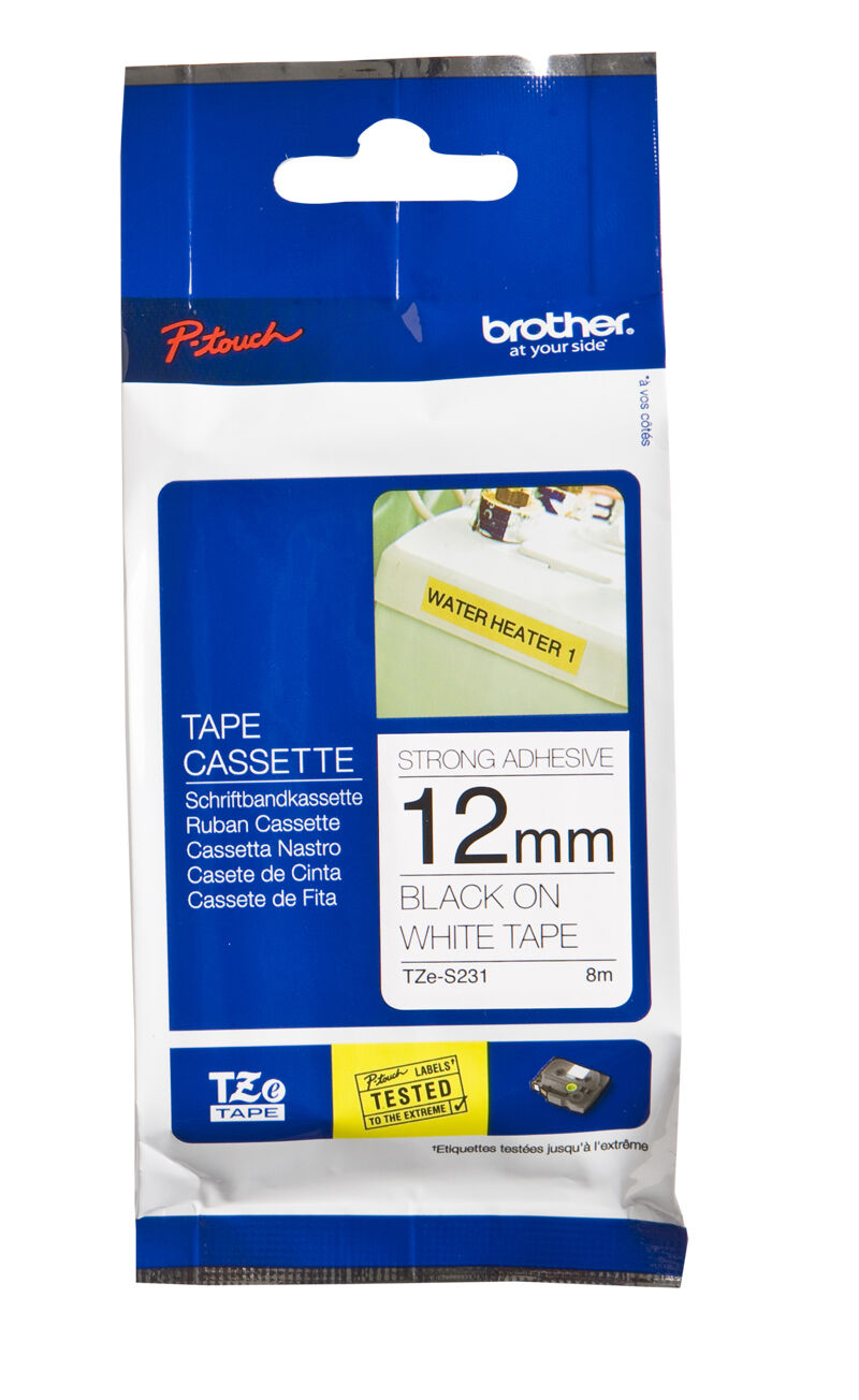 BROTHER P-TOUCH TZE-S231 TZE-TAPE 12MM BEYAZ ÜZERİNE SİYAH GÜÇLÜ YAPIŞKANLI LAMİNASYONLU ETİKET