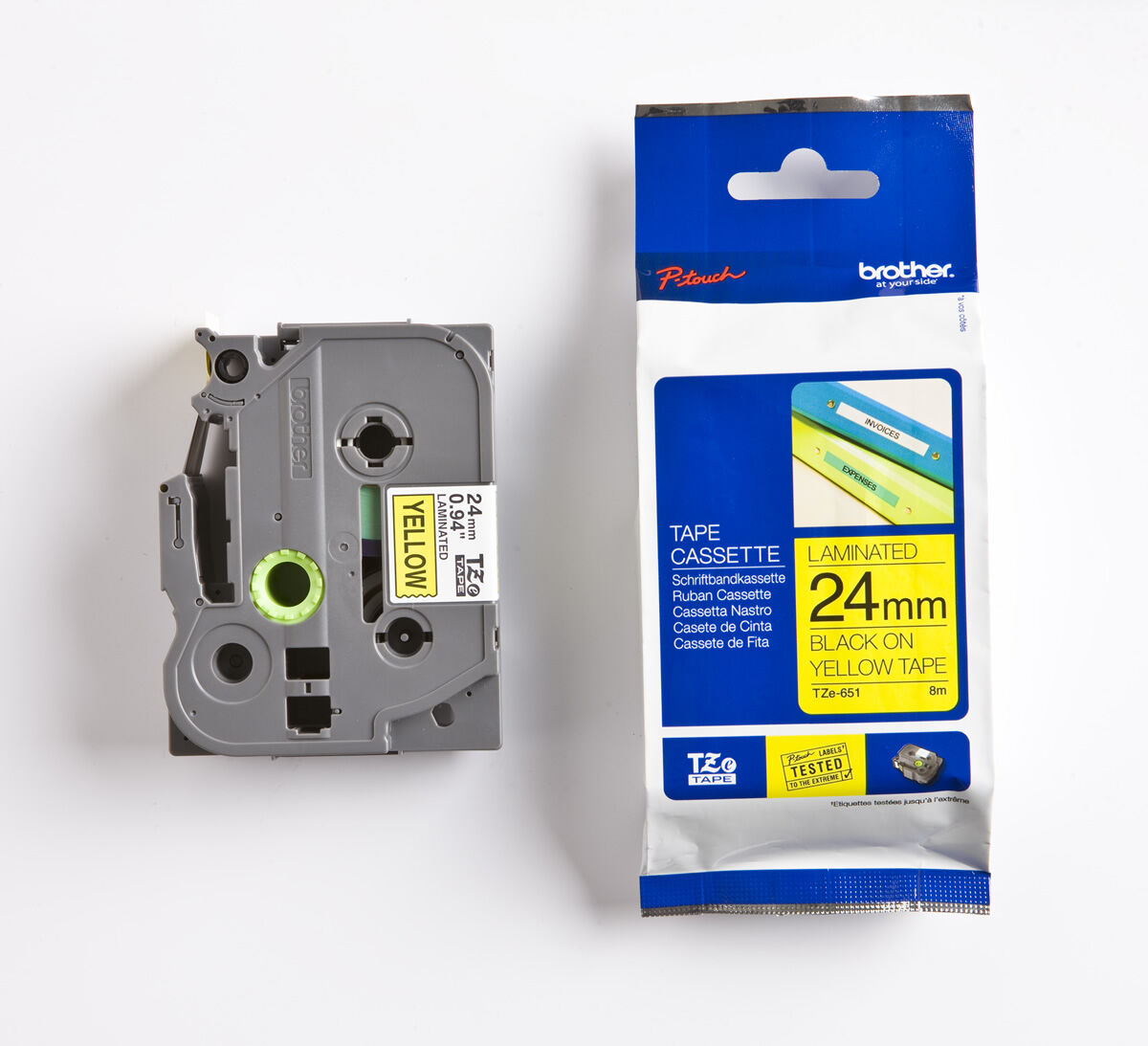 BROTHER P-TOUCH TZE-651 TZE-TAPE 24 MM SARI ÜZERİNE SİYAH LAMİNASYONLU ETİKET