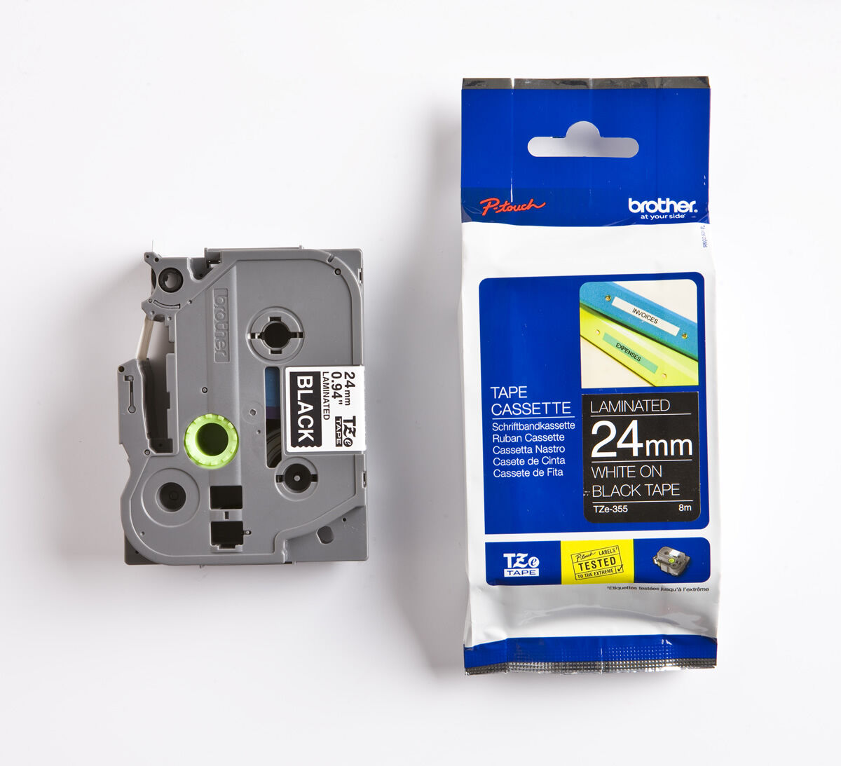 BROTHER P-TOUCH TZE-355 TZE-TAPE 24 MM SİYAH ÜZERİNE BEYAZ LAMİNASYONLU ETİKET