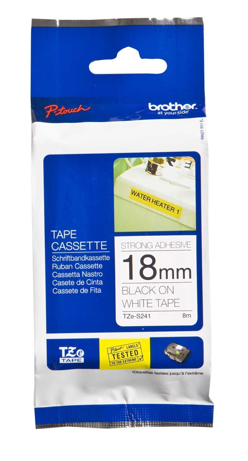 BROTHER P-TOUCH TZE-S241 TZE-TAPE 18MM BEYAZ ÜZERİNE SİYAH GÜÇLÜ YAPIŞKANLI LAMİNASYONLU ETİKET