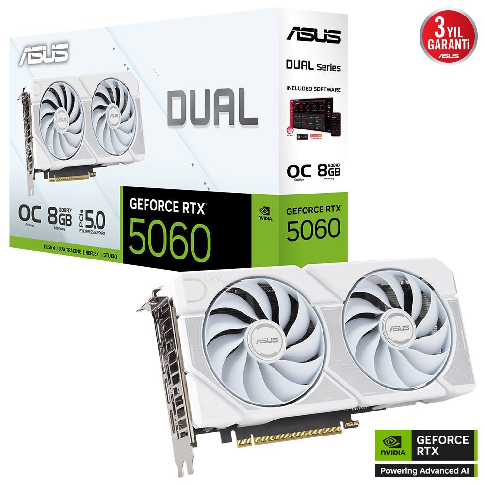 ASUS VGA DUAL-RTX5060-O8G-WHITE GDDR7-128bit--OC-HDMI-3xDP-DLSS3 EKRAN KARTI