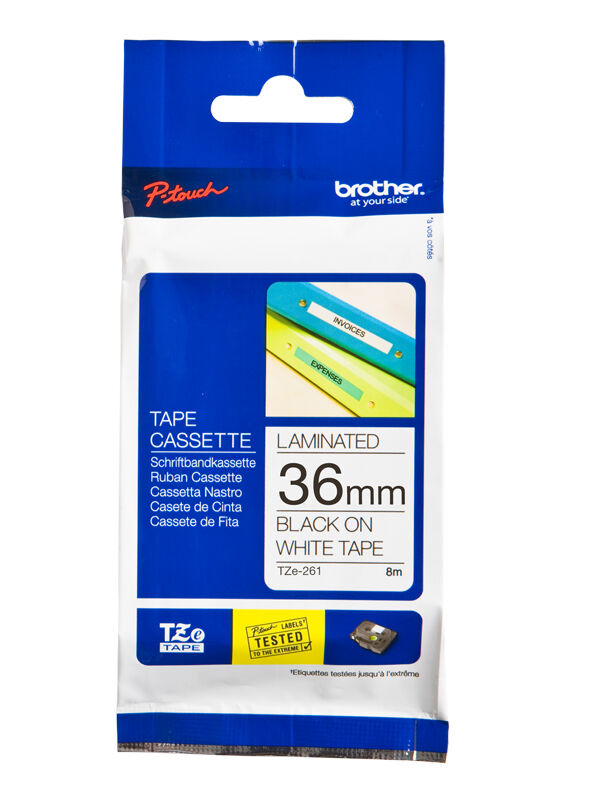 BROTHER P-TOUCH TZE-261 TZE-TAPE 36 MM BEYAZ ÜZERİNE SİYAH LAMİNASYONLU ETİKET