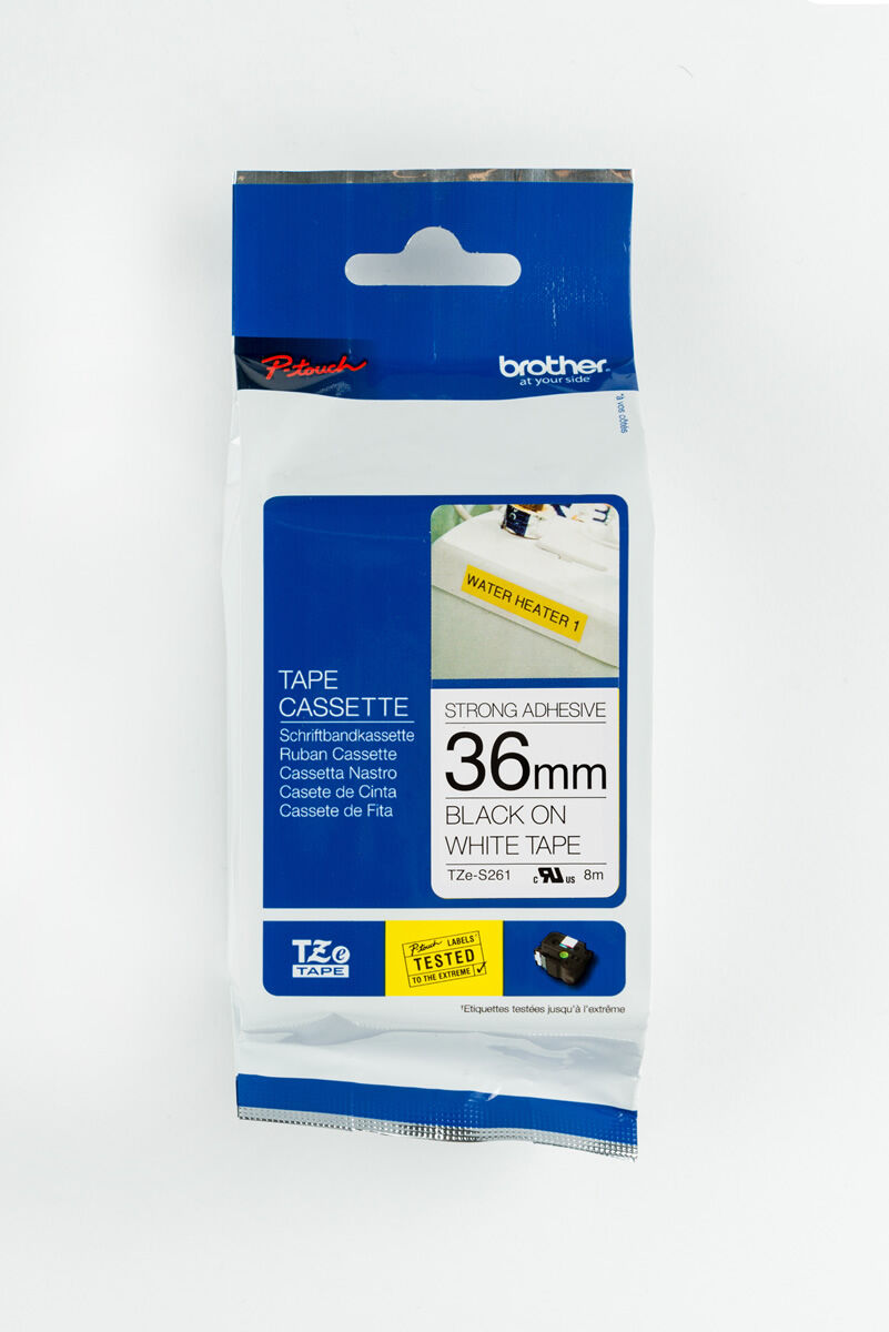 BROTHER P-TOUCH TZE-S261 TZE-TAPE 36MM BEYAZ ÜZERİNE SİYAH GÜÇLÜ YAPIŞKANLI LAMİNASYONLU ETİKET