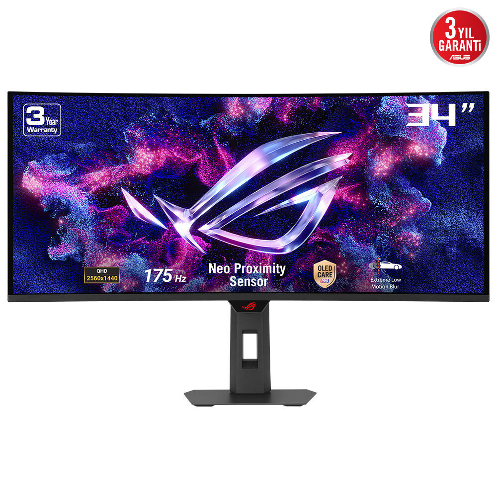 ASUS ROG STRIX XG34WCDG 34 OLED KAVİSLİ 3840x1440 0.03ms 175Hz 250cd DP HDMI USB-C YOK VESA 3YIL ELMB HDR 400 True Black YÜKSEKLİK AYARLI YAKINLIK SENSÖRÜ(NEO PROXIMITY SENSOR) %99.3 DCI-P3 10BİT USB-C PD15W MONİTÖR