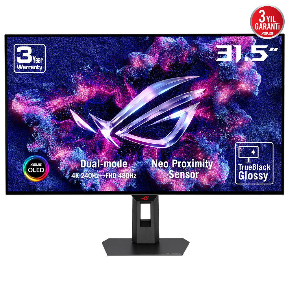 ASUS ROG STRIX XG32UCWMG 31.5 OLED GAMING DUAL MODE 3840x2160 0.03ms 4K -240Hz/ FHD-480Hz 1300cd DP HDMI USB YOK VESA 3YIL YAKINLIK SENSÖRÜ(NEO PROXIMITY SENSOR) HDR 400 TRUE BLACK GLOSSY YÜKSEKLİK AYARLI MONİTÖR